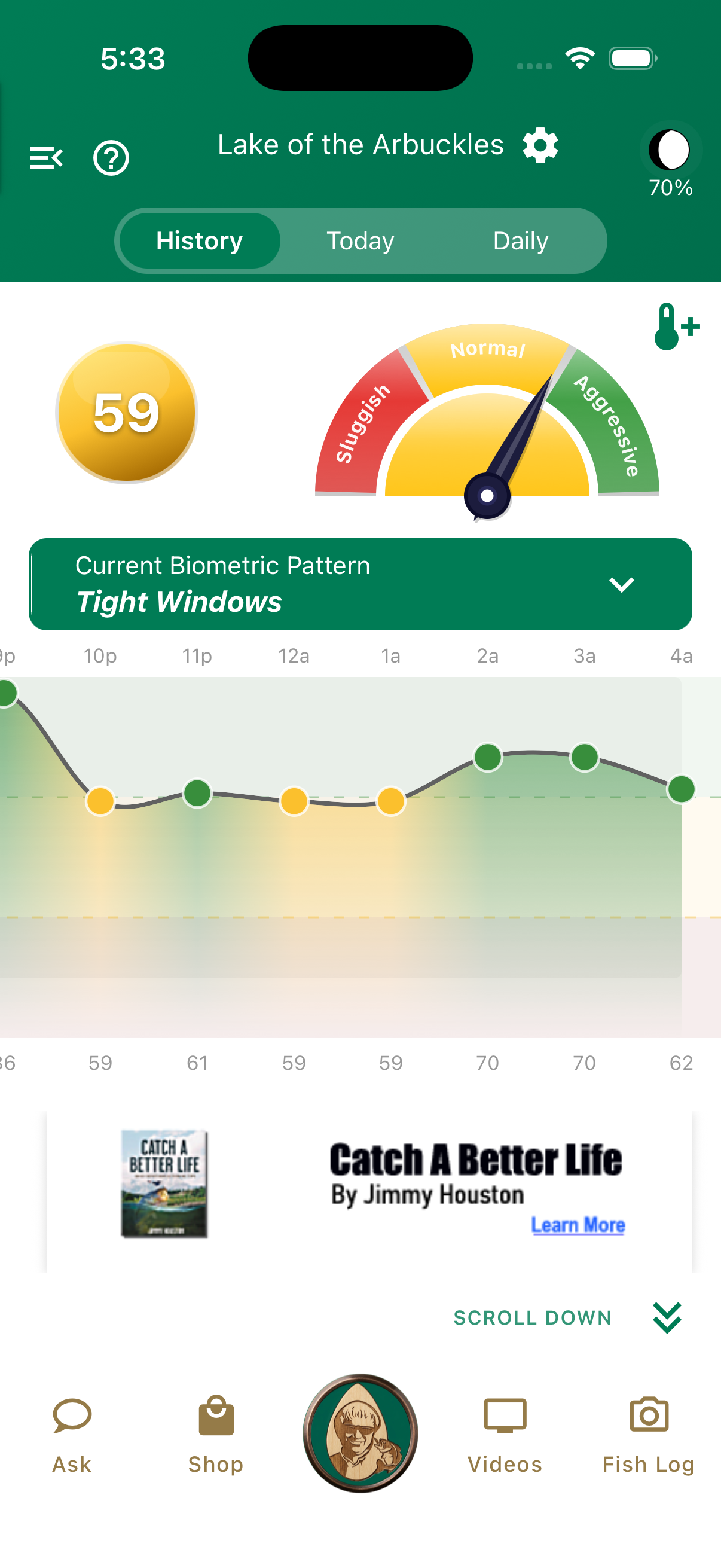 Jimmy Houston Bass Fishing app showing logged catch history with conditions