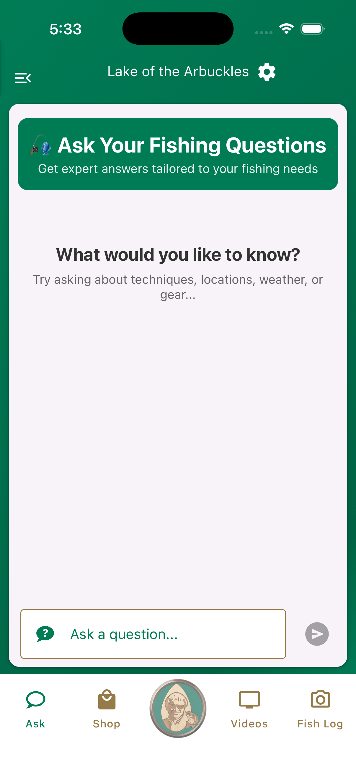 Jimmy Houston Bass Fishing app Ask screen showing the fishing assistant answering a question