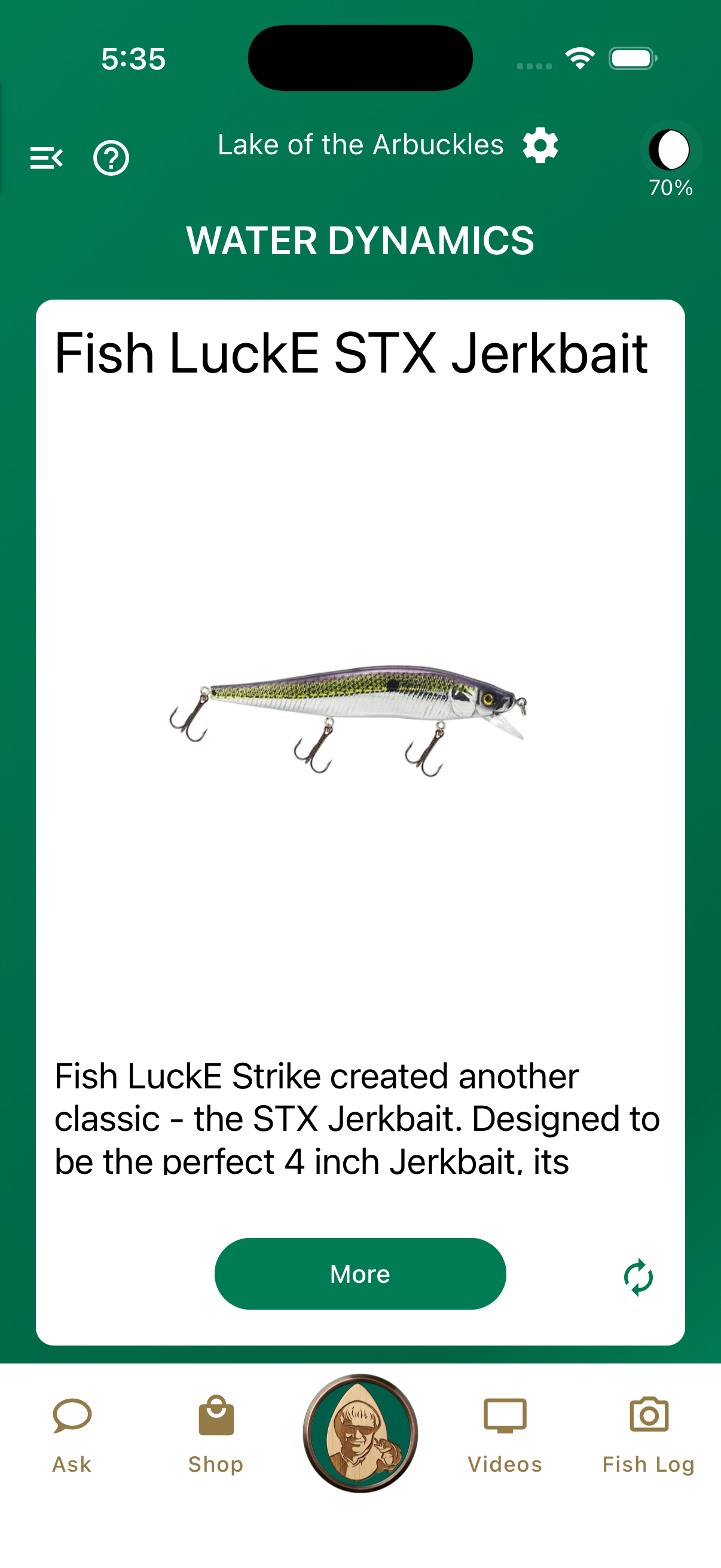Jimmy Houston Bass Fishing app showing a Hot Bait recommendation