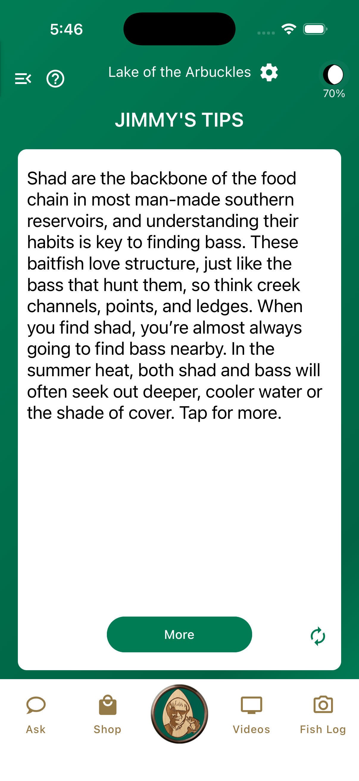 Jimmy Houston Bass Fishing app showing a fishing tip from Jimmy Houston