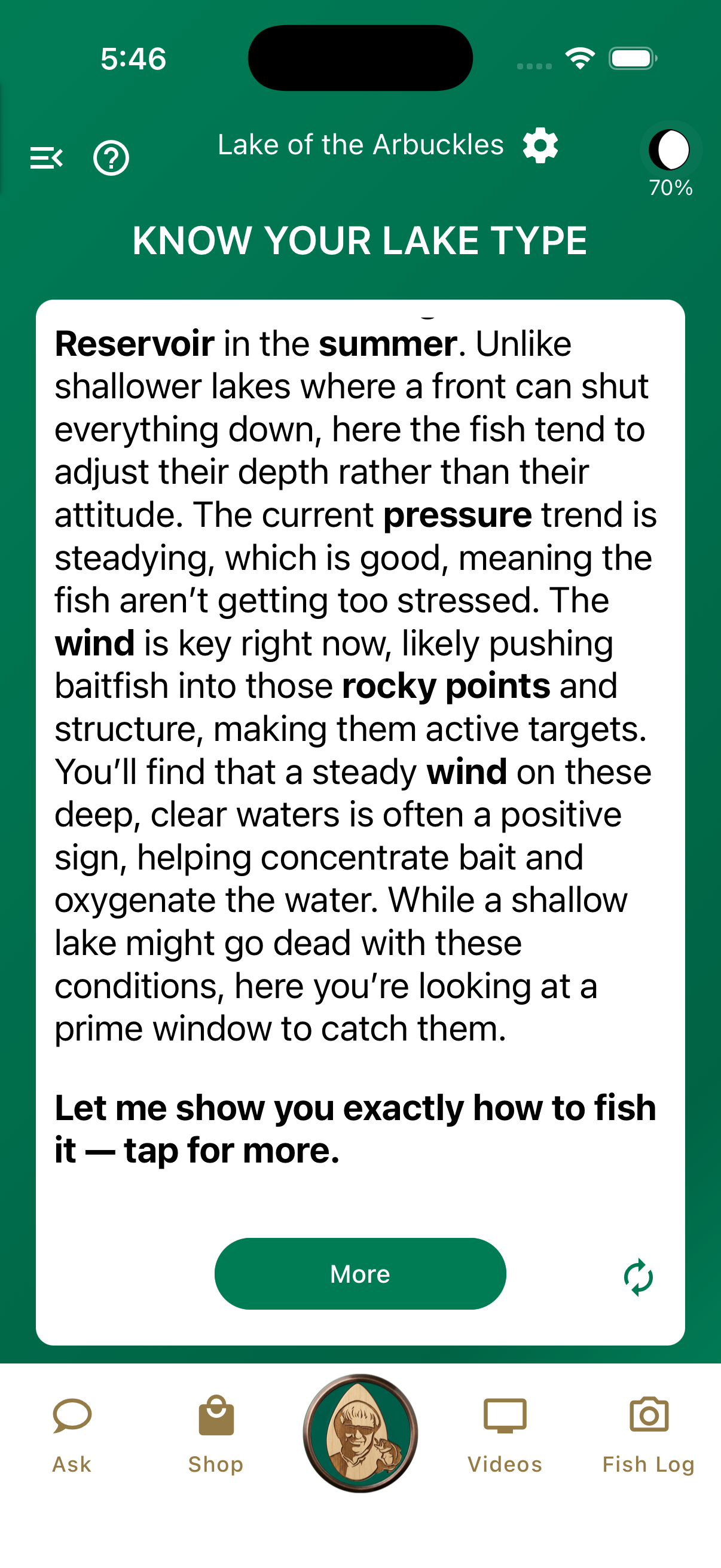Jimmy Houston Bass Fishing app showing lake intelligence and lake profile detail