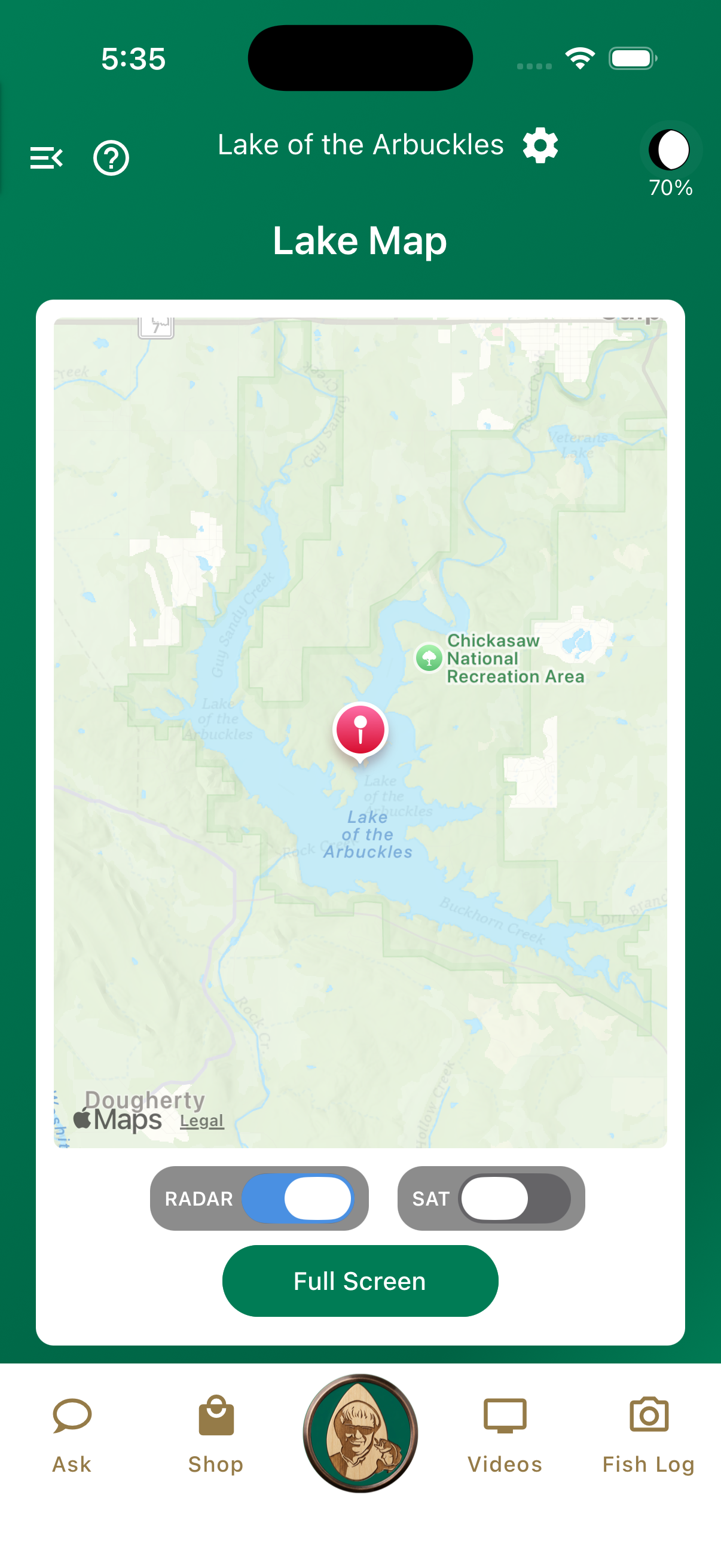 Jimmy Houston Bass Fishing app lake map showing tracked lakes and conditions
