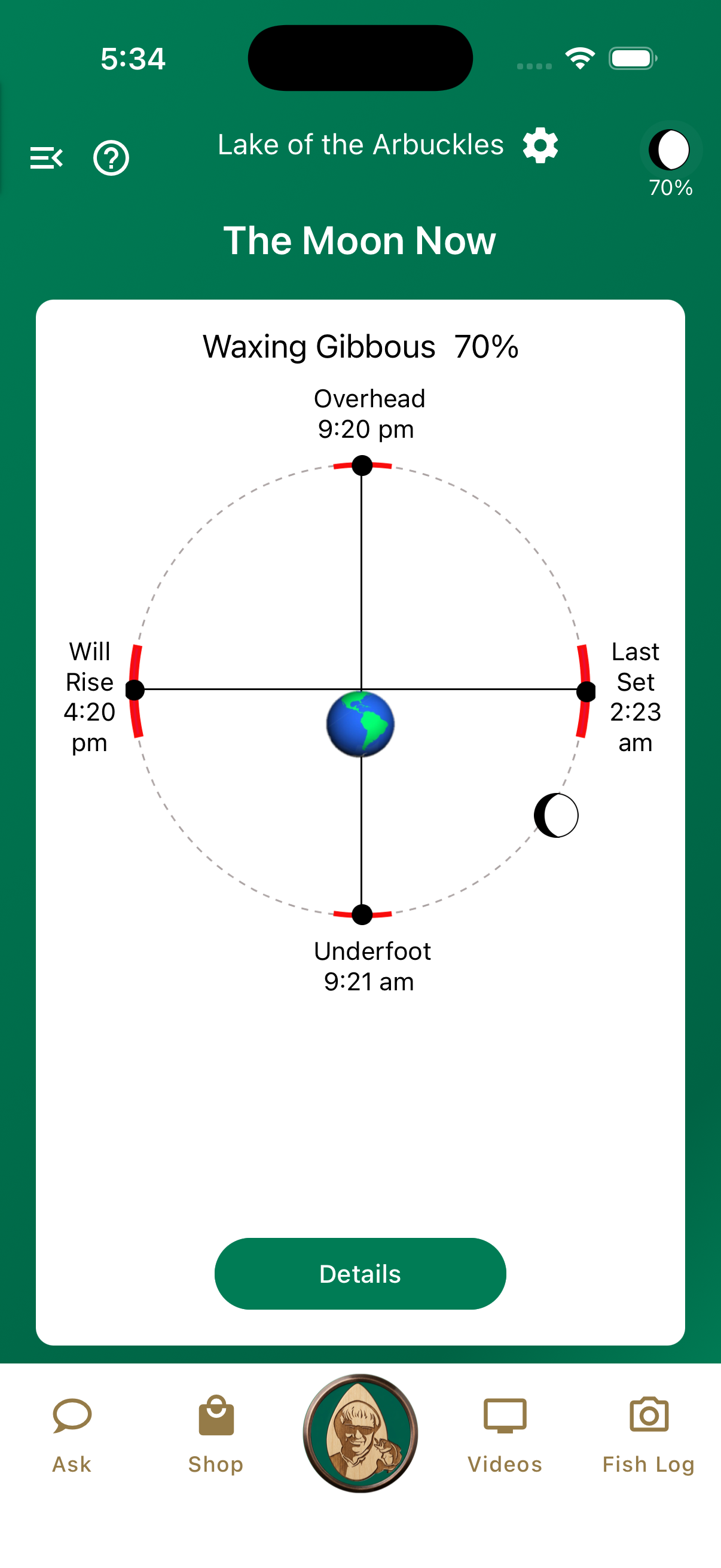 Jimmy Houston Bass Fishing app showing moon phase information