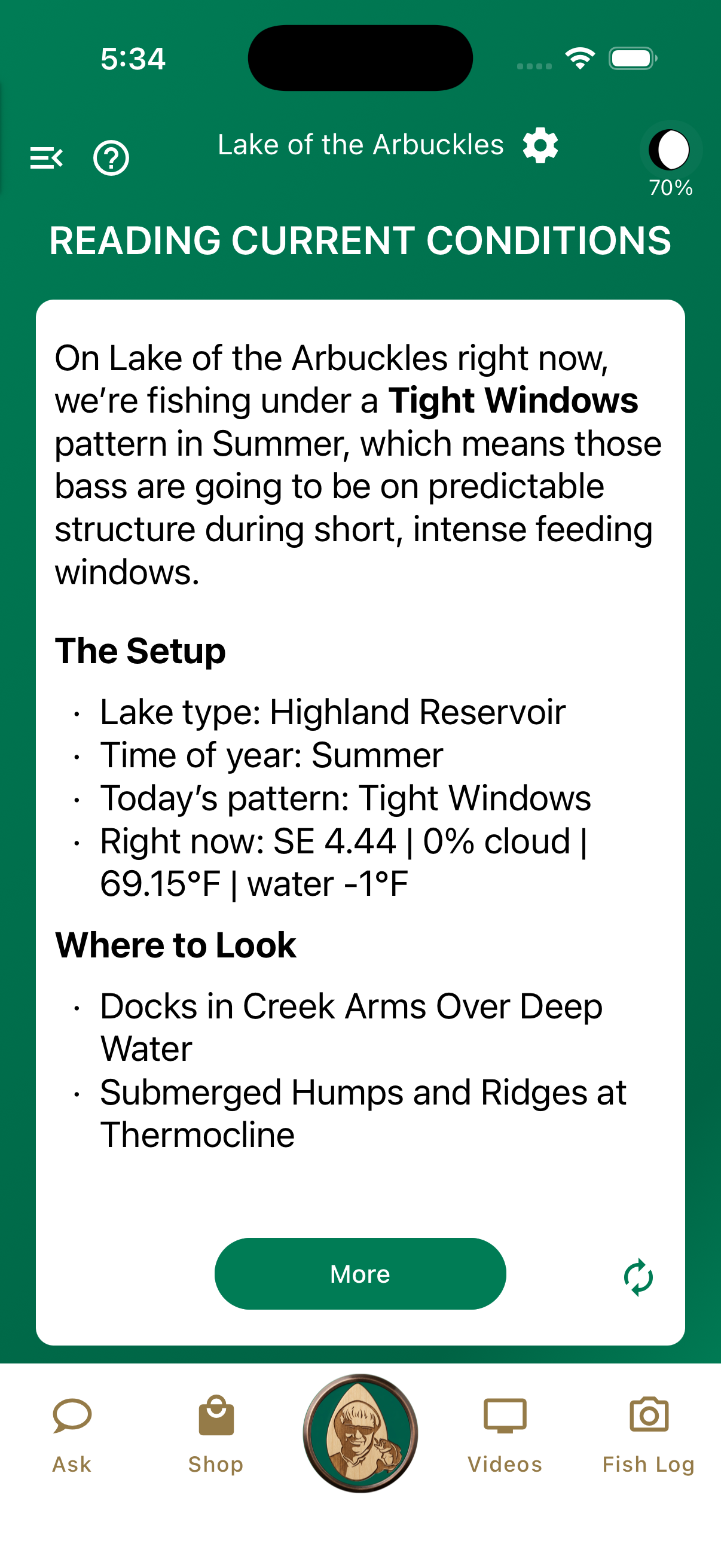 Jimmy Houston Bass Fishing app screen reading the current lake and weather conditions