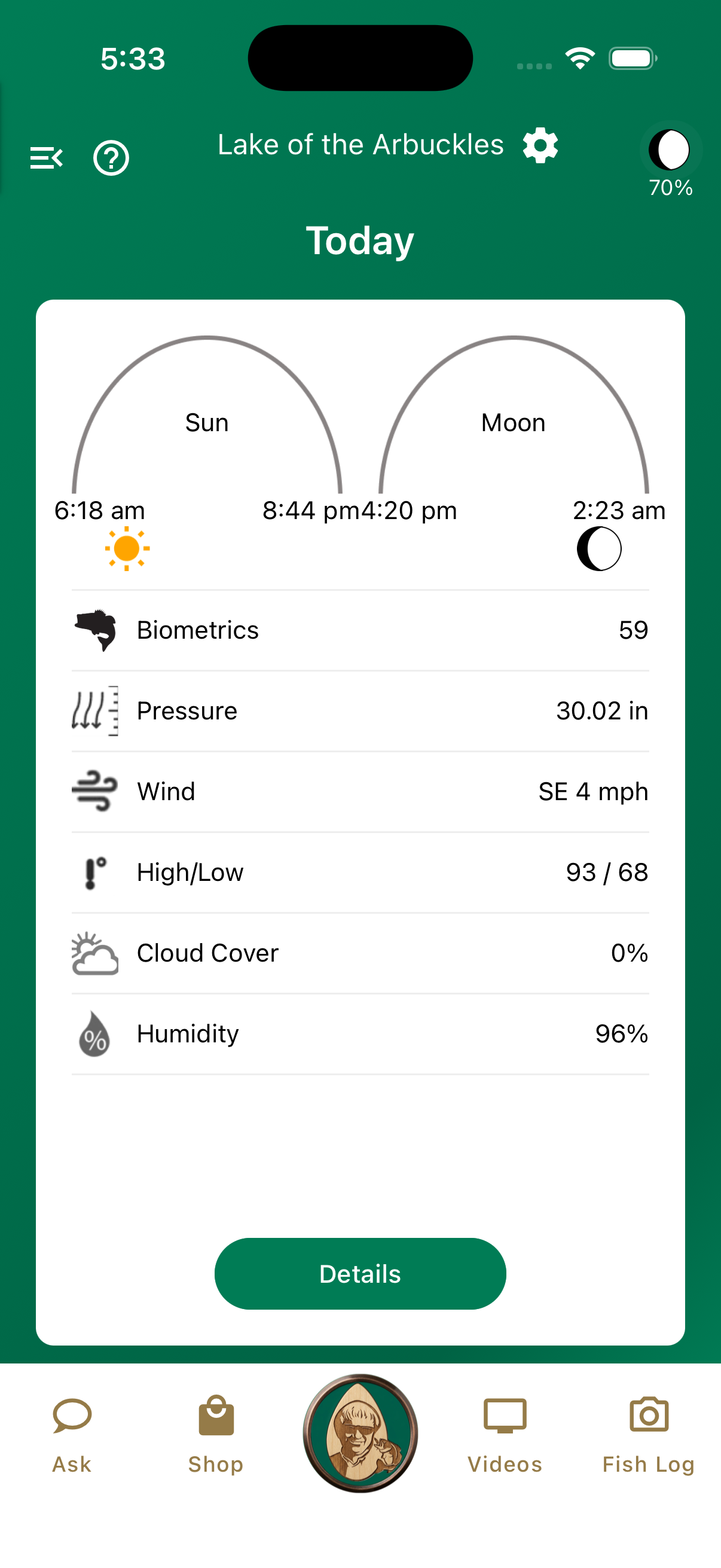 Jimmy Houston Bass Fishing app showing how weather influences fishing conditions